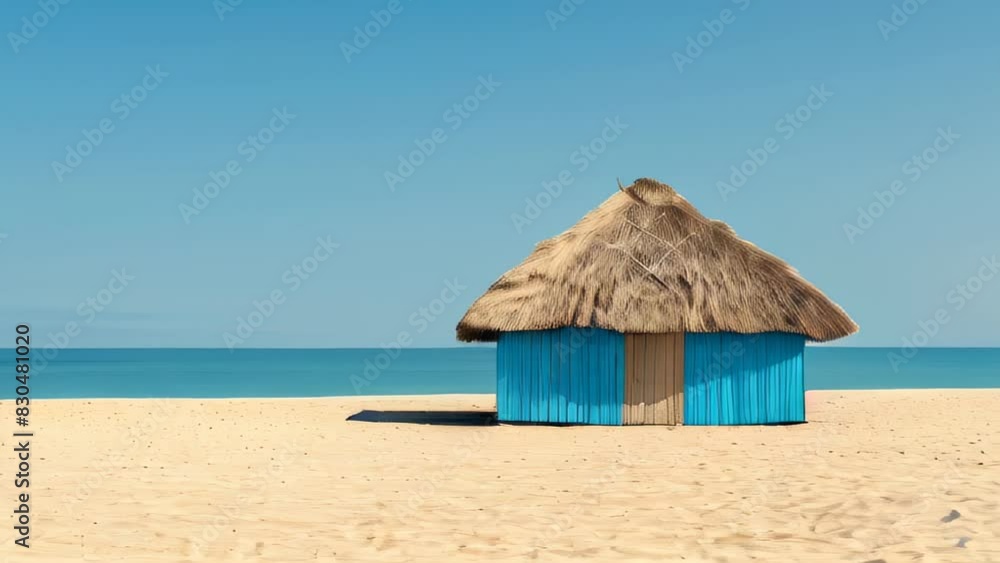 Small blue hut with thatched roof on sandy beach Small blue hut with thatched roof on sandy beach
