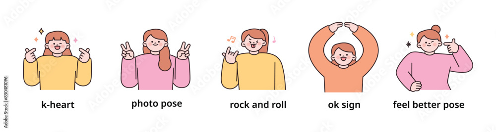 Positive emotion expression set-1. women upper body character. outline vector illustration. Positive emotion expression set-1. women upper body character. outline vector illustration.
