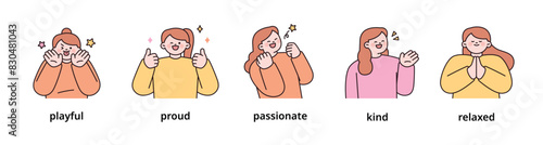 Positive emotion expression set-4. women upper body character. outline vector illustration.