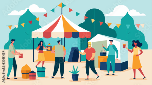 Volunteers putting up tents and booths for local vendors to sell their goods at the festival.. Vector illustration