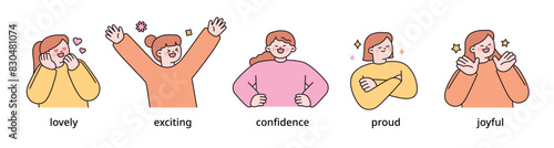 2Positive emotion expression set-5. women upper body character. outline vector illustration.