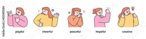 Positive emotion expression set-4. women upper body character. outline vector illustration.