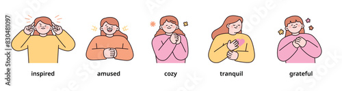 Positive emotion expression set-3. women upper body character. outline vector illustration.