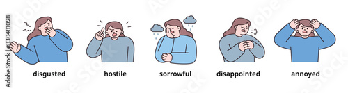 Negative emotion expression set-3. women upper body character. outline vector illustration.