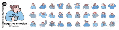 Negative emotion expression mega set. women upper body character. outline vector illustration.