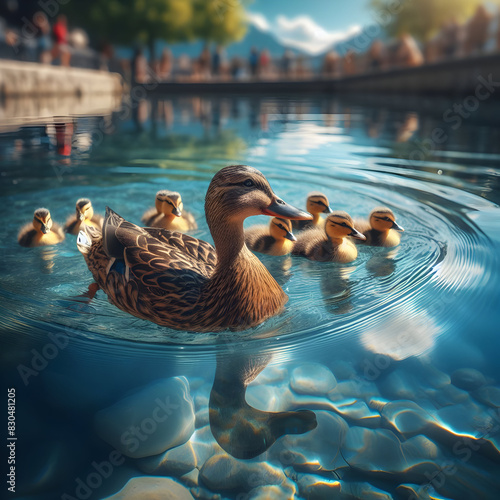 A duck is swimming with her young in a stream,Duck with Ducklings Swimming in Stream.
