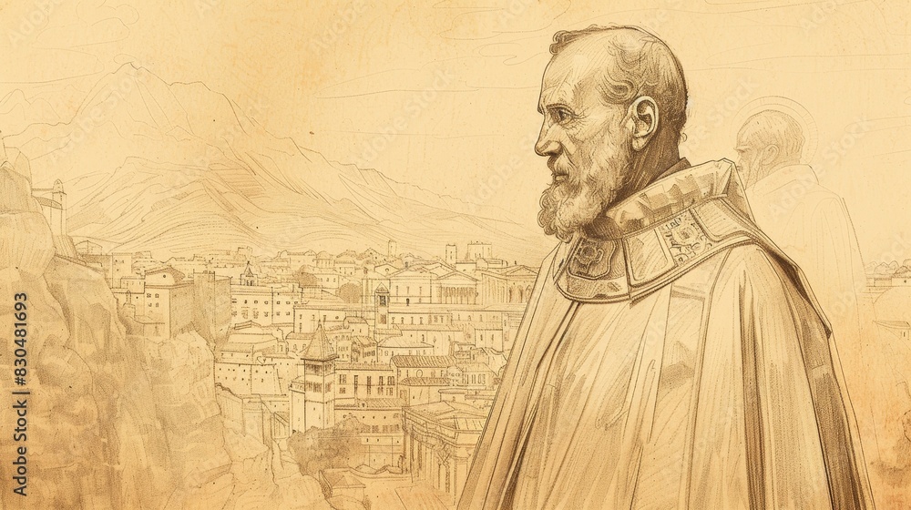 Fototapeta premium Biblical Illustration of St. Eusebius of Vercelli in Bishop's Robes in 4th-Century Italian City, Beige Background, Copyspace