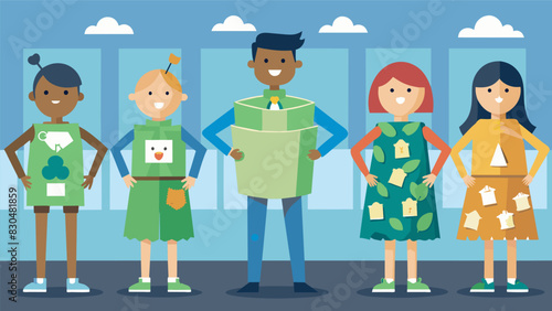At a schoolwide event students participate in a recyclingthemed fashion show showcasing their unique outfits made entirely of recycled materials.. Vector illustration