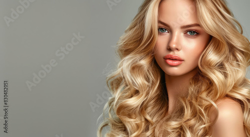 Beautiful blonde girl with long curly hair, portrait of beautiful young woman model with healthy and shiny blond hair in the style of studio on gray background.