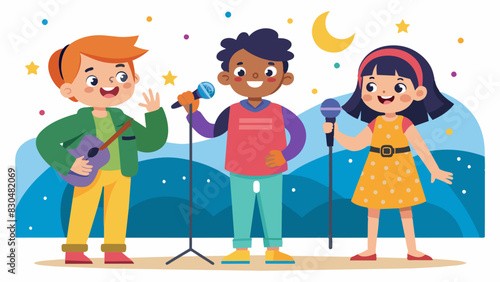 Children and adults alike took turns showcasing their talents at the neighborhood open mic night proving that creativity knows no age limit.. Vector illustration