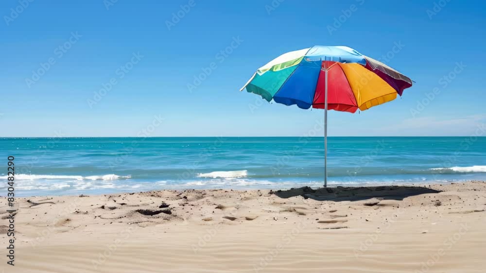 Colorful umbrella on sandy beach by ocean Colorful umbrella on sandy beach by ocean
