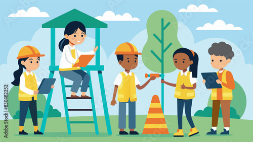 A team of students tasked with checking the schools playground equipment for any safety hazards and reporting to school staff if repairs are needed.. Vector illustration