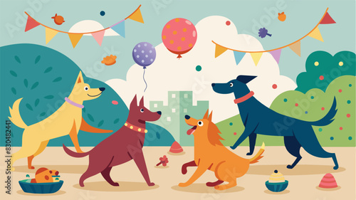 A street party where fourlegged friends roam freely chasing after balls and sharing homemade dog treats.. Vector illustration
