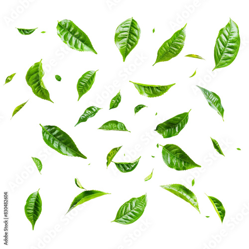 Green tea leaves flying and falling isolated white on background