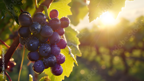 Sunlit Vineyard with Ripe Purple Grapes on the Vine During Harvest Season in a Lush, Green Landscape