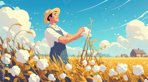 A cheerful farmer is depicted in cartoon 2d illustrations blissfully tending to his cotton crop in the vast fields These images capture the essence of agriculture industry showcasing the dil photo
