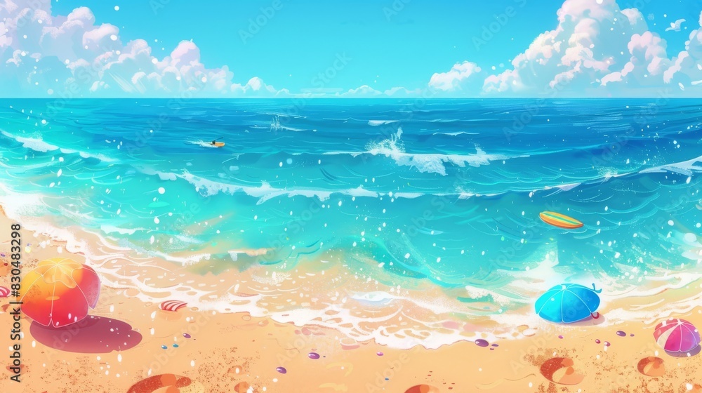 Obraz premium Bright sand leads to sparkling blue water, while colorful umbrellas and surfboards promise a day filled with laughter and unforgettable beach memories