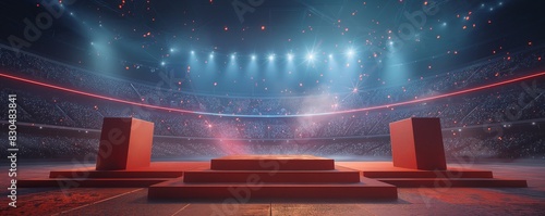 Red Olympic Podiums on a Track in a Stadium with Spectators and Mountainous Backdrop, Capturing the Spirit of Athletic Achievement.