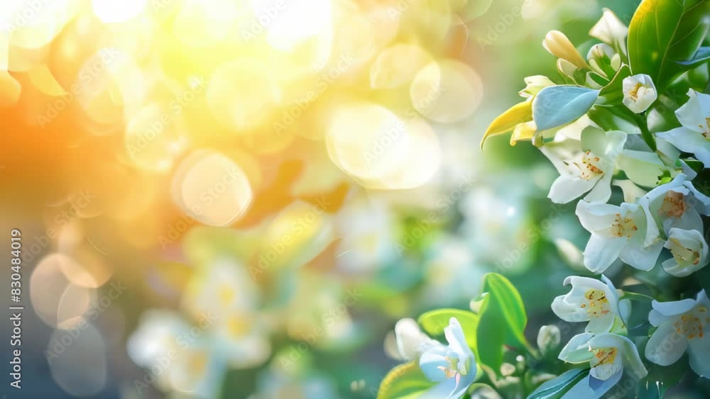 White flowers and green leaves with sunlight bokeh background White flowers and green leaves with sunlight bokeh background