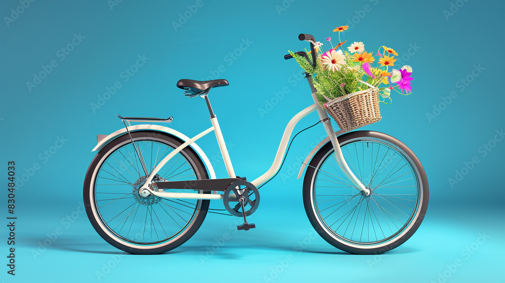 A modern bicycle with a front basket subtly filled with a simple mix of wildflowers, against a vibrant blue backdrop.