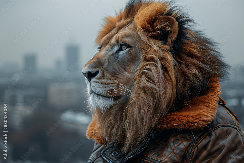 Fototapeta premium Majestic Lion in Urban Setting Wearing Jacket on a Foggy Day