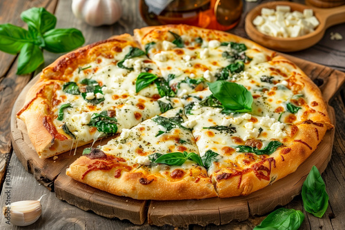 White Pizza with ricotta, garlic, and spinach, creamy and delicious.