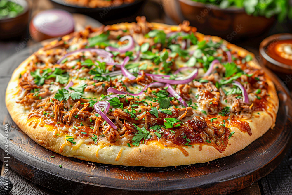 Barbecue Pulled Pork Pizza with tender pulled pork, barbecue sauce, and red onions. Barbecue Pulled Pork Pizza with tender pulled pork, barbecue sauce, and red onions.