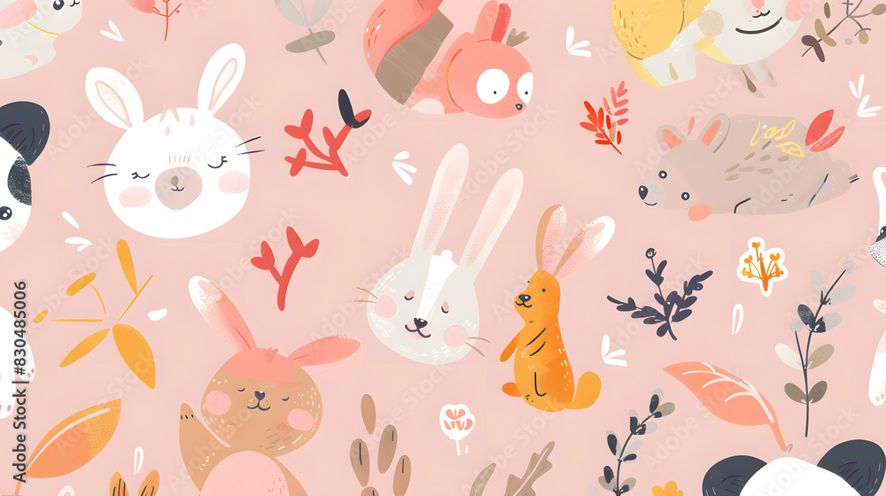 A colorful and whimsical drawing of various animals, including rabbits, bears
