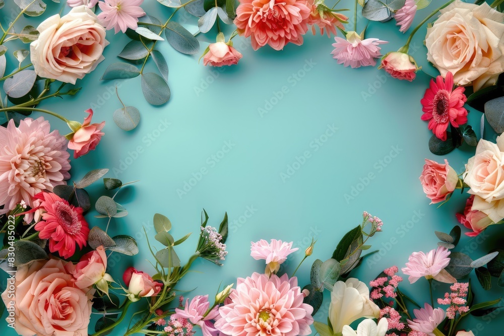 A stylish flat lay arrangement showcasing a frame of beautiful flowers on a vibrant background. A stylish flat lay arrangement showcasing a frame of beautiful flowers on a vibrant background.