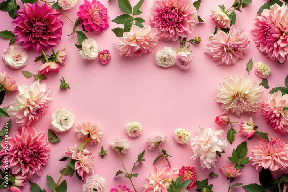A stylish flat lay arrangement showcasing a frame of beautiful flowers on a vibrant background. A stylish flat lay arrangement showcasing a frame of beautiful flowers on a vibrant background.