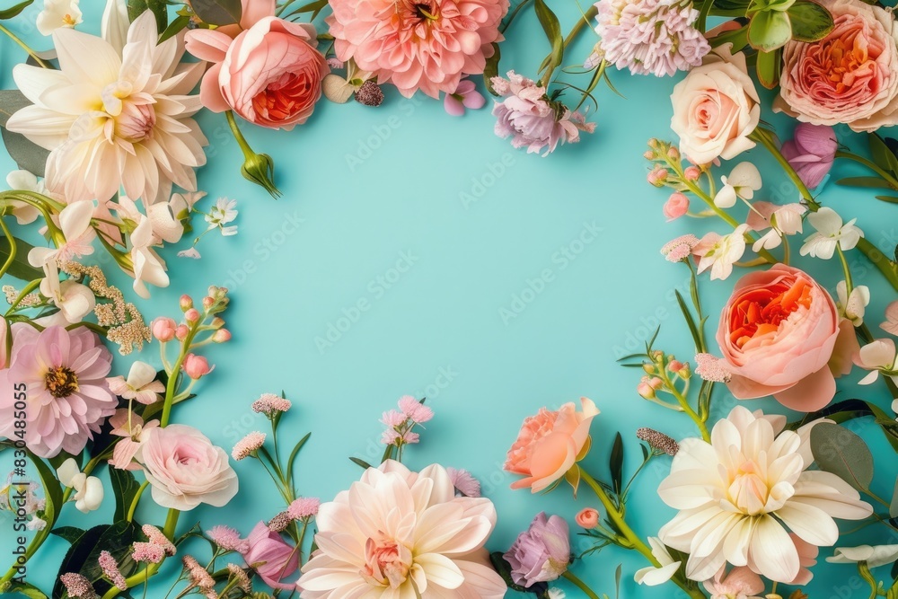 A stylish flat lay arrangement showcasing a frame of beautiful flowers on a vibrant background. A stylish flat lay arrangement showcasing a frame of beautiful flowers on a vibrant background.