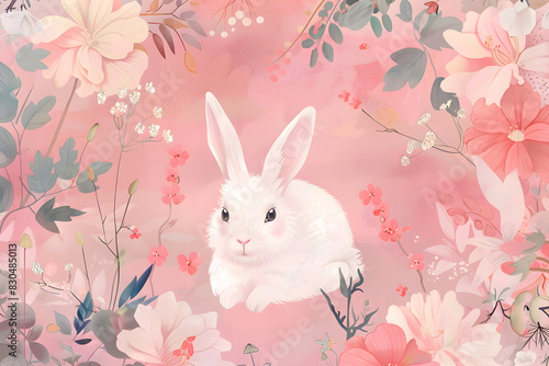 A white rabbit is sitting in a field of flowers