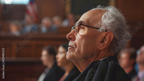 A man with glasses and gray hair is sitting in a courtroom photo