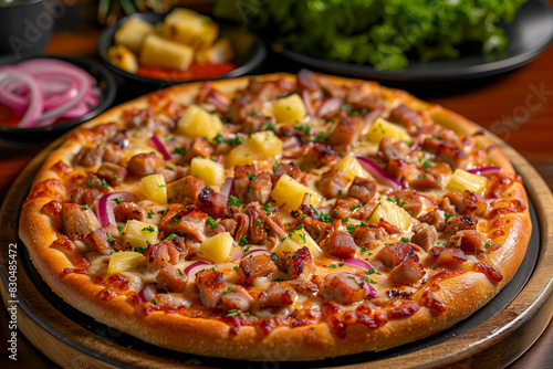 Pulled Pork and Pineapple Pizza with barbecue pulled pork, pineapple chunks, and red onions. photo