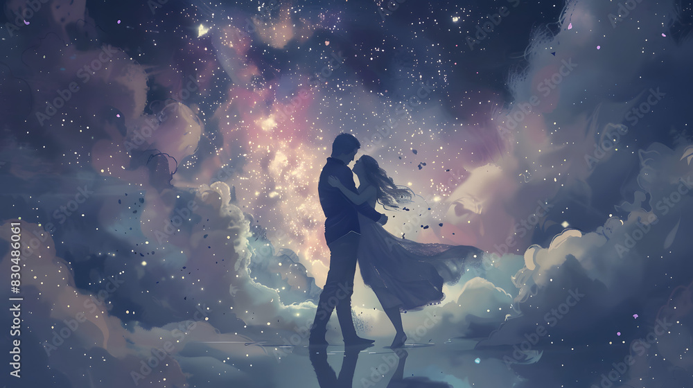 A couple is standing in the sky, surrounded by clouds and stars