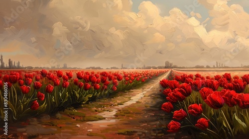 Red tulips in the Dutch countryside photo