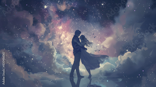 A couple is standing in the sky, surrounded by clouds and stars © Moon Story