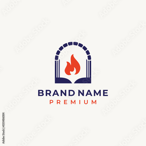 abstract hearth and book with fire flames logo for library school learning brand