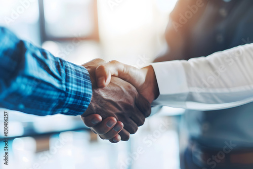 Two men shake hands in a business meeting after agreement. photo