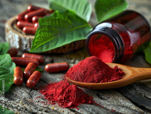 Antiaging benefits of Astaxanthin for reduced signs of aging. Red powder capsules and leaves on a wooden surface.  The image promotes natural health and wellness.