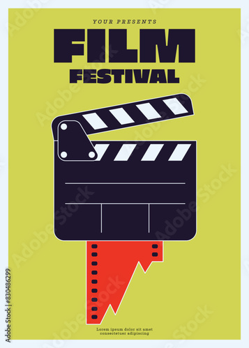 Movie and film festival poster template design with film slate and filmstrip minimalist style
