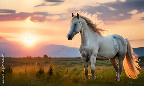 Albino horse accented by the setting sun mane and tail fluttering subtly in the breeze  Ai generated