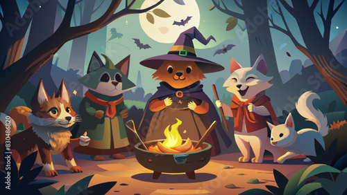 Enchanted Forest Gathering with Cute Animal Characters at Night