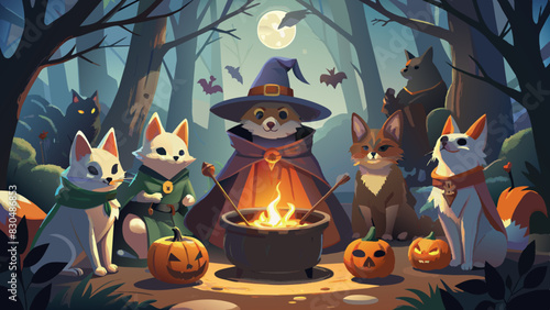 Enchanted Forest Halloween Gathering with Anthropomorphic Animals