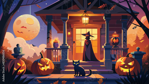 Enchanting Halloween Night with Pumpkins, Witch, and Black Cat on Porch