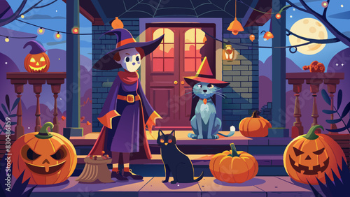 Enchanting Halloween Night with Witch, Cats, and Pumpkins