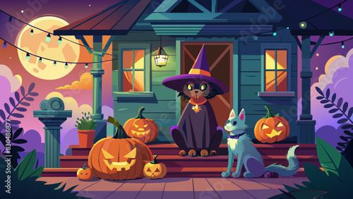 Enchanting Halloween Night with Festive Cats and Jack-o'-Lanterns