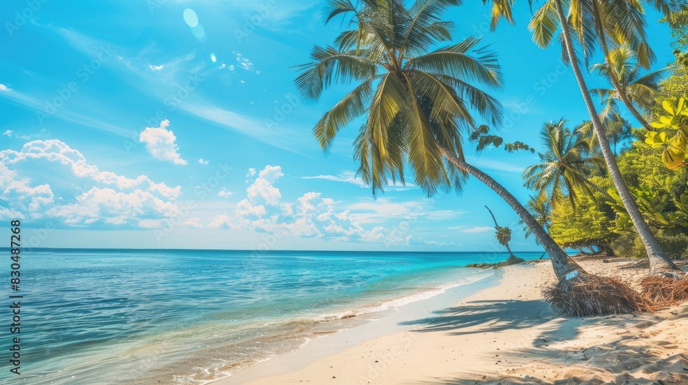 Panoramic beach scene with coconut palms and turquoise waters under a clear blue sky, perfect for vacation and relaxation themes.