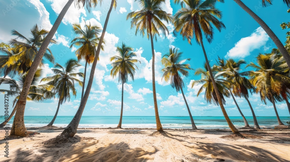 Panoramic beach scene with coconut palms and turquoise waters under a clear blue sky, perfect for vacation and relaxation themes.