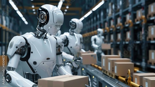 Robotic arms pick and pack items from conveyor belts, streamlining order fulfillment processes and reducing labor costs in a modern smart warehouse facility.